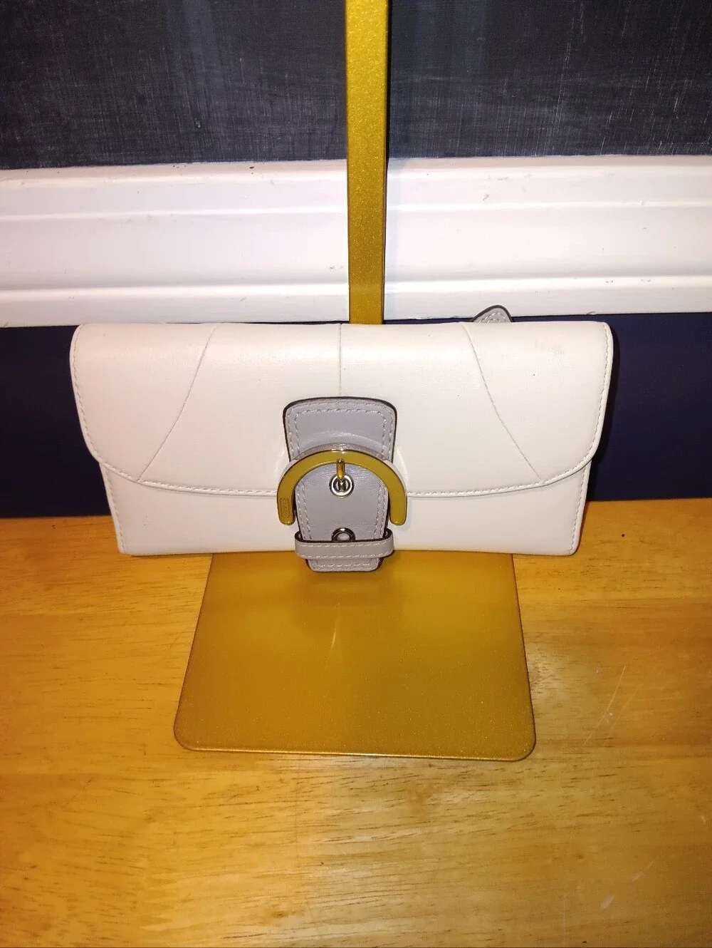 Coach White Leather Clutch with Gray and Gold Buckle
